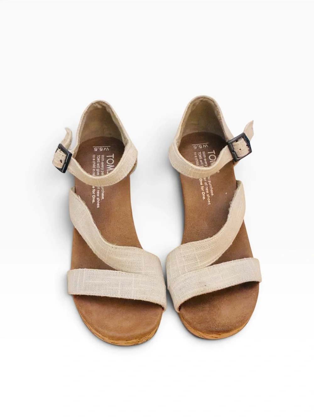 Toms Cream Linen Wedge Sandals with Cork Platform